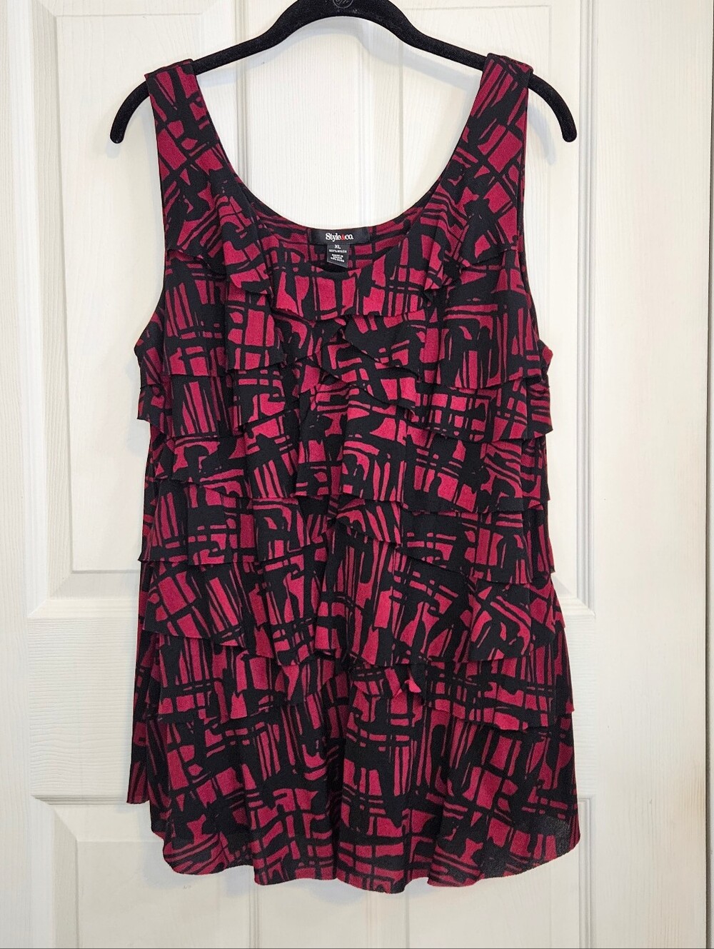 Style & Co Womens XL Red Black Tiered Ruffle Tank Top Abstract Geometric Blouse